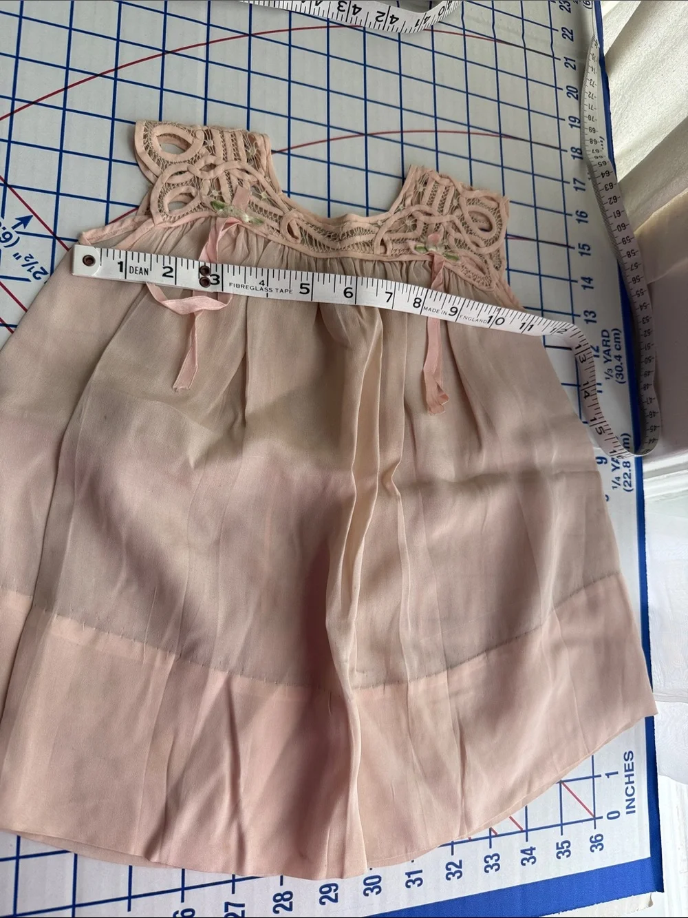 Antique c.1915–1925 Silk Baby Dress Tape Lace Pink Ribbonwork Heirloom Display